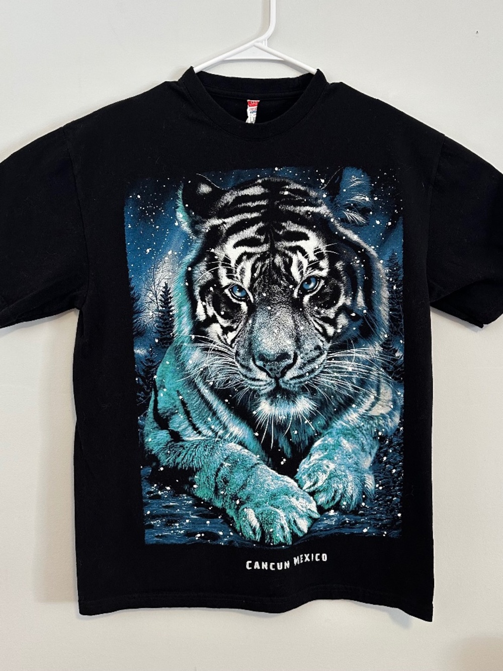 Men's White Tiger Animal Graphic Print T-Shirt Large Black Y2K Short Sleeve